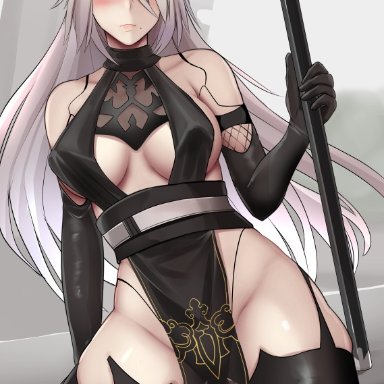 lainart, nier (series), nier automata, yorha type a no. 2, 1girl, alternate costume, android, arm support, black gloves, black legwear, breasts, covered nipples, elbow gloves, gloves, hair over one eye