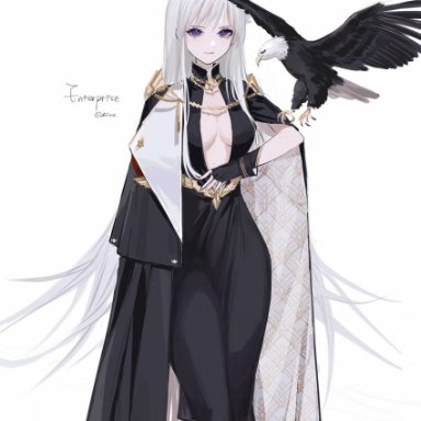 rae (632230212), azur lane, enterprise (azur lane), enterprise (heroic finery) (azur lane), 1girl, bangs, bird, bird on hand, black dress, black gloves, breasts, character name, closed mouth, dress, eagle