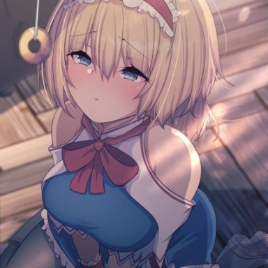 darumoon, touhou, alice margatroid, 1girl, @ @, adapted costume, armband, bare shoulders, blonde hair, blue dress, blue eyes, capelet, coin on string, dress, hairband