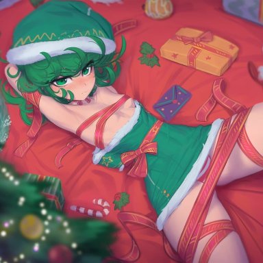 daniel deves, one-punch man, tatsumaki, 1girl, alternate costume, armpits, arms behind head, bangs, blurry, blush, bound, breasts, candy, candy cane, christmas