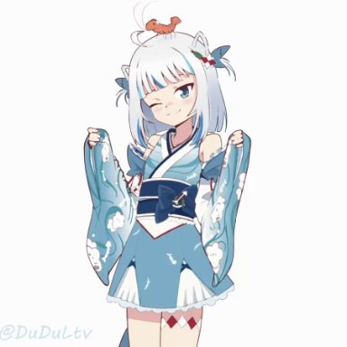 dudul, hololive, hololive english, gawr gura, 1girl, ;), ahoge, animal on head, bangs, bare shoulders, blue eyes, blue hair, blunt bangs, detached sleeves, fish tail