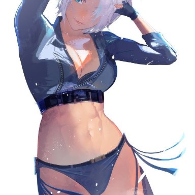 ffffcoffee, snk, the king of fighters, the king of fighters xiv, angel (kof), abs, blue eyes, bra, breasts, chaps, cropped jacket, fingerless gloves, gloves, hair over one eye, hands up