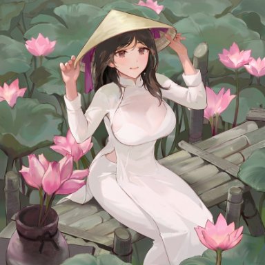 chowbie, original, 1girl, arms up, bangs, bra, bra visible through clothes, bralines, breasts, brown eyes, brown hair, dress, eyebrows visible through hair, feet out of frame, flower