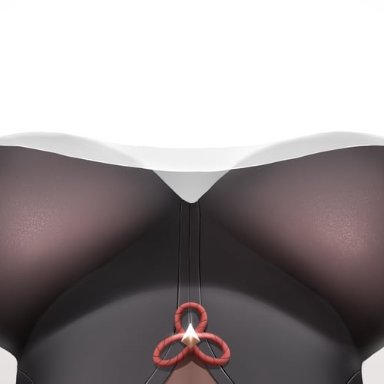 z282g, genshin impact, shenhe (genshin impact), 1girl, black bodysuit, bodysuit, breast curtain, breasts, clothing cutout, covered nipples, from below, large breasts, skin tight, solo, stomach cutout