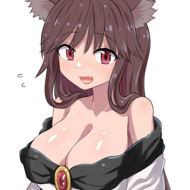 chups, touhou, imaizumi kagerou, 1girl, animal ears, breasts, brooch, brown hair, cleavage, dress, jewelry, large breasts, long hair, long sleeves, off-shoulder dress