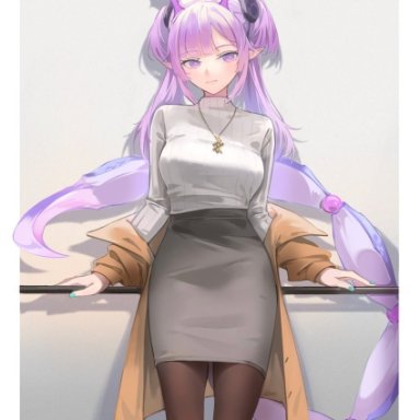 yinghuahua, arknights, manticore (arknights), 1girl, against railing, alternate costume, aqua nails, breasts, brown coat, brown legwear, closed mouth, coat, feet out of frame, gradient, gradient background