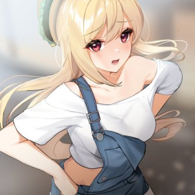 shovelwell, 1girl, bangs, bare shoulders, blonde hair, blurry, blurry background, breasts, cowboy shot, eyebrows visible through hair, hands on hips, hat, long hair, looking at viewer, medium breasts