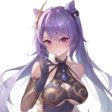 dddsunsky, genshin impact, keqing (genshin impact), 1girl, 3:, alternate costume, bangs, bare shoulders, blush, breasts, cleavage cutout, closed mouth, clothing cutout, collarbone, detached sleeves