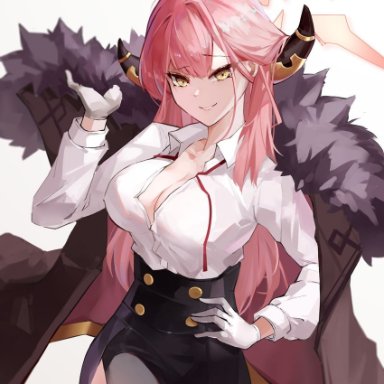 priest77, blue archive, aru (blue archive), 1girl, bangs, black skirt, breasts, brown jacket, cleavage, closed mouth, collarbone, eyebrows visible through hair, feet out of frame, fur-trimmed jacket, fur trim