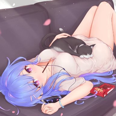 kyl490, azur lane, helena (azur lane), 1girl, animal on stomach, black cat, blue hair, breasts, cat, cellphone, couch, dress, food, listening to music, looking at viewer