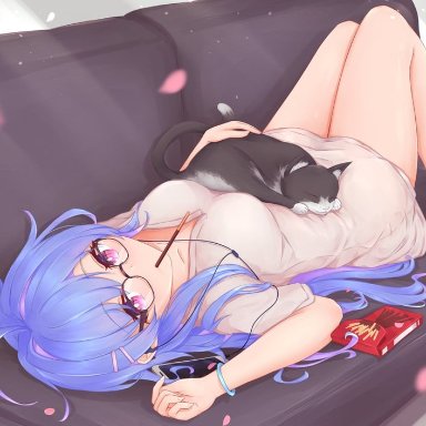 kyl490, azur lane, helena (azur lane), 1girl, animal on stomach, bespectacled, black cat, blue hair, breasts, brown-framed eyewear, cat, cellphone, couch, dress, food