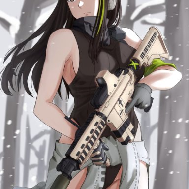 cyka, girls' frontline, m4a1 (girls' frontline), 1girl, assault rifle, bangs, black legwear, black scarf, brown eyes, brown hair, brown sweater vest, closed mouth, eyebrows visible through hair, feet out of frame, gloves