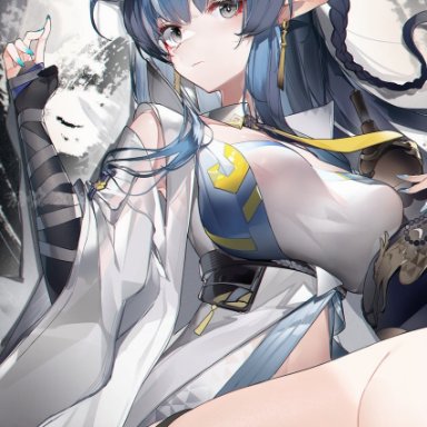 yushi quetzalli, arknights, ling (arknights), 1girl, abstract background, bangs, bare shoulders, black gloves, blue hair, blue nails, braid, breasts, closed mouth, cup, detached collar