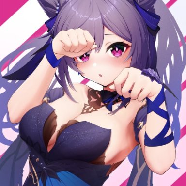 user xscx8578, genshin impact, keqing (genshin impact), keqing (opulent splendor) (genshin impact), 1girl, alternate costume, bare shoulders, beads, breasts, cleavage, clenched hand, dress, hair beads, hair cones, hair ornament