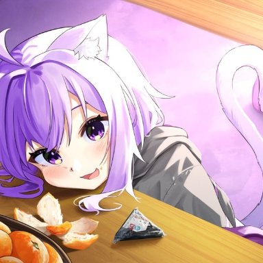 daichi (daichi catcat), hololive, nekomata okayu, 1girl, ahoge, animal ears, cat ears, cat tail, cheek rest, food, fruit, kotatsu, mandarin orange, onigiri, purple eyes