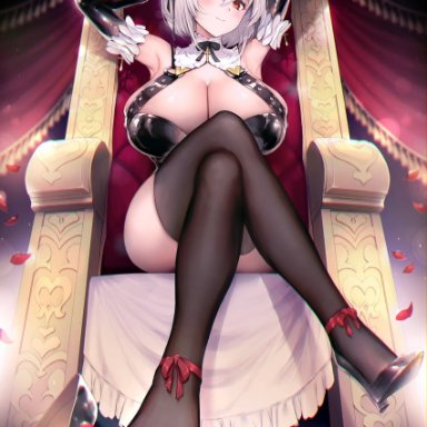 haoni, original, 1girl, armpits, arms up, black gloves, black legwear, breasts, chair, cleavage, cleavage cutout, clothing cutout, collar, crossed legs, elbow gloves