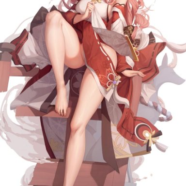 bkyuuc, genshin impact, yae (genshin impact), 1girl, anklet, bangs, bare shoulders, barefoot, breasts, closed mouth, crossed bangs, detached sleeves, feet, hair ornament, japanese clothes