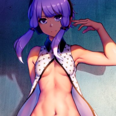 nicchi, vocaloid, voiceroid, yuzuki yukari, 1girl, against wall, arm behind back, arm up, armpits, bangs, bare arms, bare shoulders, bottomless, breasts, breasts apart