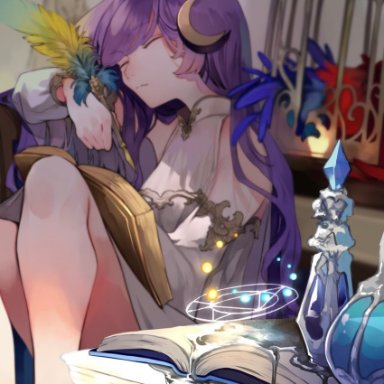 risui (suzu rks), touhou, patchouli knowledge, 1girl, alternate costume, bangs, bird, birdcage, blurry, book, book on lap, bottle, cage, closed eyes, closed mouth