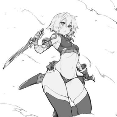 10mo, fate/apocrypha, fate (series), jack the ripper (fate/apocrypha), 1girl, bandaged arm, bandages, bare shoulders, blush, breasts, cropped vest, greyscale, hair between eyes, knife, monochrome