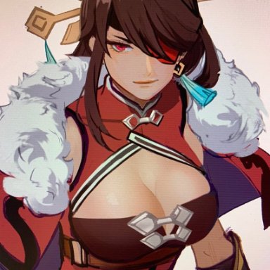 mistermagnolia, genshin impact, beidou (genshin impact), 1girl, bare shoulders, breasts, brown hair, chinese clothes, cleavage, closed mouth, earrings, eyepatch, fur collar, gloves, hair ornament