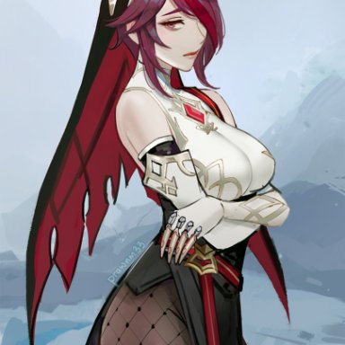 mistermagnolia, genshin impact, rosaria (genshin impact), 1girl, bare shoulders, breasts, claw ring, closed mouth, crossed arms, detached sleeves, fishnet legwear, fishnets, habit, hair over one eye, large breasts