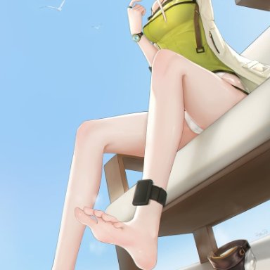 evan (912319), arknights, kal'tsit (arknights), 1girl, animal ear fluff, animal ears, anklet, bangs, bare legs, barefoot, bench, bird, blue sky, boots, boots removed