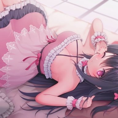 nufucha, original, 1girl, bangs, bare shoulders, bed, black hair, blush, breasts, closed mouth, collar, collarbone, day, dress, feet out of frame