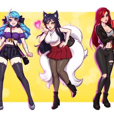 blushy-pixy, league of legends, ahri (league of legends), gwen (league of legends), katarina (league of legends), 3girls, ahoge, animal ears, arm under breasts, artist name, bag, bandeau, bangs, bare shoulders, between breasts