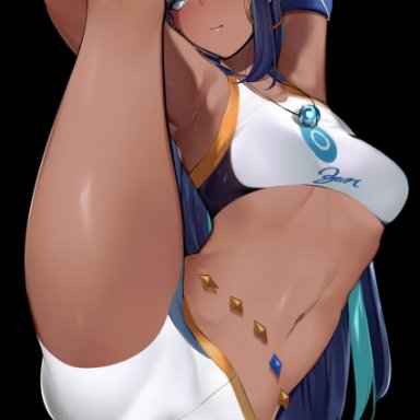 yuuyuu (yuuki1771), pokemon, pokemon (game), pokemon swsh, nessa (pokemon), 1girl, armband, armlet, arms up, belly chain, bike shorts, black background, blue eyes, blue hair, blush