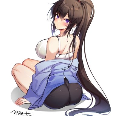 maett, counter:side, yoo mina, 1girl, ass, back, bare shoulders, black hair, black shorts, blue jacket, breasts, camisole, from behind, jacket, large breasts