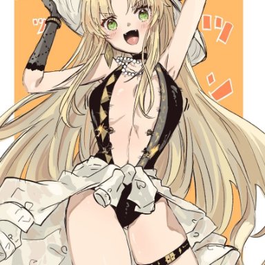 an fyhx, arknights, swire (arknights), 1girl, :d, animal ears, armpits, arms up, ass visible through thighs, bangs, black gloves, black swimsuit, blonde hair, blush, breasts