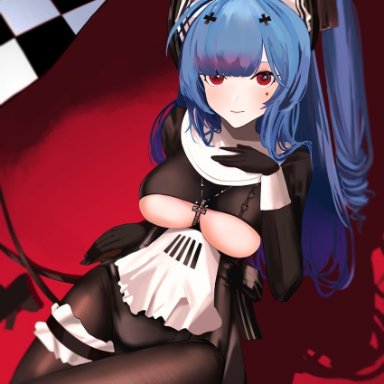 ram (404272725), azur lane, marco polo (azur lane), marco polo (the queen of hearts) (azur lane), 1girl, black dress, black gloves, blue hair, bodystocking, breasts, checkered floor, cleavage, clothing cutout, dress, from above