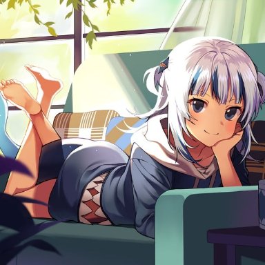 yunoo (cmzkvneld845), hololive, hololive english, gawr gura, 1girl, bangs, barefoot, blue eyes, blue hair, blue hoodie, closed mouth, couch, cup, curtains, cushion