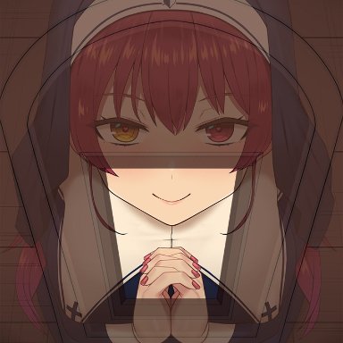 nt00, hololive, houshou marine, 1girl, confessional, glory hole, heterochromia, kneeling, long hair, looking at viewer, nun, own hands together, purple eyes, purple hair, purple nails