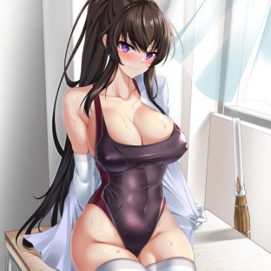 elze (s01047480836), counter:side, yoo mina, 1girl, arm at side, bangs, bare shoulders, black swimsuit, blush, breasts, brown hair, classroom, closed mouth, collarbone, collared shirt