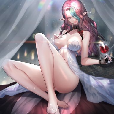 hitowa, outer zone, misery (outer zone), 1girl, alcohol, ass, bangs, blue eyes, breasts, cleavage, covered nipples, cup, drinking glass, feet, green hair
