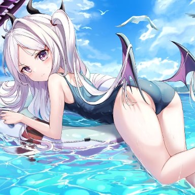 zeroillya, blue archive, hina (blue archive), 1girl, ass, bare shoulders, bird, black wings, blue sky, blush, closed mouth, cloud, day, demon tail, detached wings