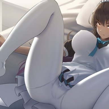 gan-viking, blue archive, karin (blue archive), 1girl, bangs, bed, bed sheet, black hair, blue bow, blue bowtie, bow, bowtie, breasts, closed mouth, dark-skinned female
