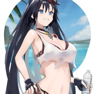 ozyomin, arknights, blaze (arknights), 1girl, animal ears, antenna hair, arched back, bare arms, belt, bikini, black bikini, black choker, black gloves, black hair, blue eyes