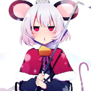 you (noanoamoemoe), touhou, nazrin, 1girl, alternate costume, animal ears, backlighting, bangs, bloom, blurry, blush, capelet, cheese, cross-laced clothes, depth of field