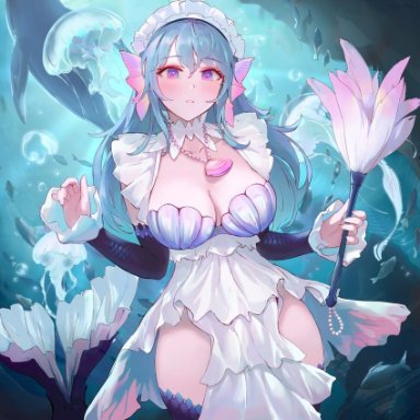 chowbie, original, 1girl, apron, aqua hair, breasts, bubble, cleavage, feather duster, fish, fish tail, frills, jellyfish, long hair, maid