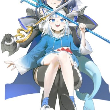 ghdwid, hololive, hololive english, gawr gura, ouro kronii, 2girls, black gloves, blue eyes, blue hair, blue hoodie, detached sleeves, eyebrows visible through hair, fish tail, full body, gloves