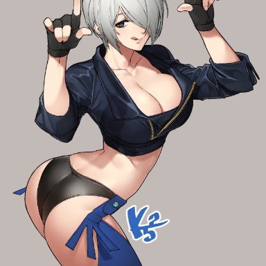 k52, the king of fighters, angel (kof), 1girl, ass, blue eyes, breasts, finger horns, gloves, hair over one eye, jacket, large breasts, panties, short hair, tongue