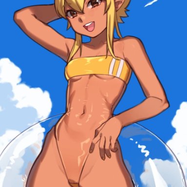 sunna (nilsunna), original, nil sunna, 1girl, :d, arm behind head, arm up, artist name, bangs, bare arms, bare shoulders, blonde hair, blue sky, breasts, brown eyes