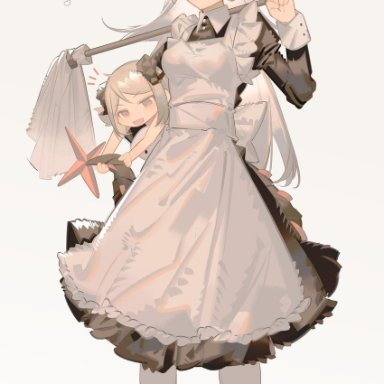 rin lingsong, arknights, ifrit (arknights), saria (arknights), silence (arknights), 3girls, alternate costume, apron, black dress, blonde hair, brown hair, carrying, carrying person, carrying under arm, chibi