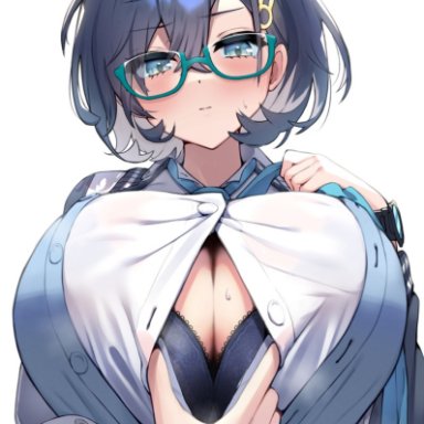 ushimittsu, blue archive, chihiro (blue archive), 1girl, black hair, blush, bra, breasts, button gap, buttons, cleavage, closed mouth, glasses, hair ornament, hairclip