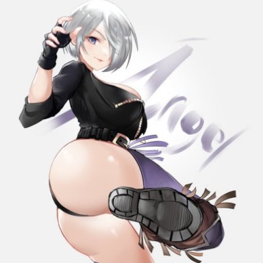 itsher momo, the king of fighters, angel (kof), 1girl, ass, bangs, black jacket, boots, breasts, chaps, character name, fingerless gloves, fingernails, gloves, grey eyes