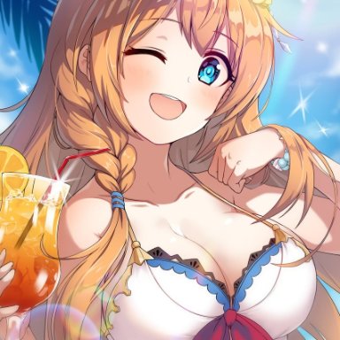 losvje1024, princess connect!, pecorine (princess connect!), 1girl, :d, bikini, blue eyes, bracelet, braid, breasts, cleavage, collarbone, cup, day, drinking glass