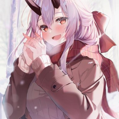 felnemo, fate/grand order, fate (series), tomoe gozen (fate), 1girl, bangs, bare tree, coat, enpera, hair between eyes, hair ribbon, hands up, horns, looking at viewer, open clothes